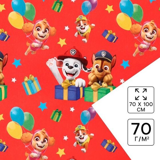 !Бумага упаковочная 4 листа глянцевая, Щенячий патруль, 70x100 см