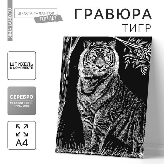 Гравюра на подложке «Тигр» с металлическим эффектом «серебро» А4