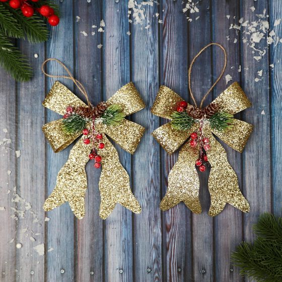 !09 Ёлочные игрушки (набор 4 штуки) «Бант элит» пластик 12×14 см, цвет золото