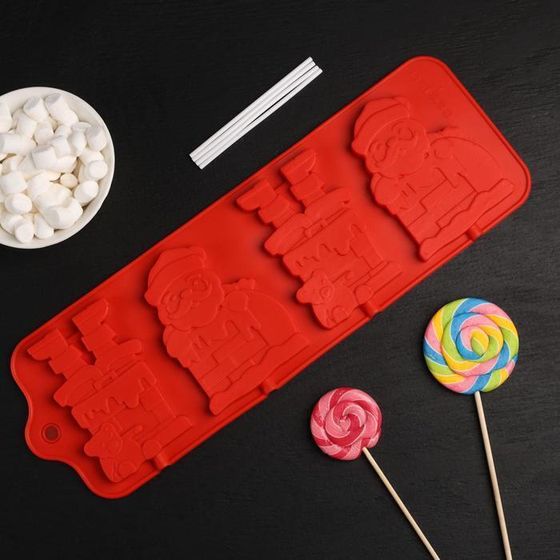 !09 Форма для леденцов новогодняя «Дед Мороз», силикон, 36×12 см, 4 ячейки (10,2×7,5 см), с палочками, цвет МИКС