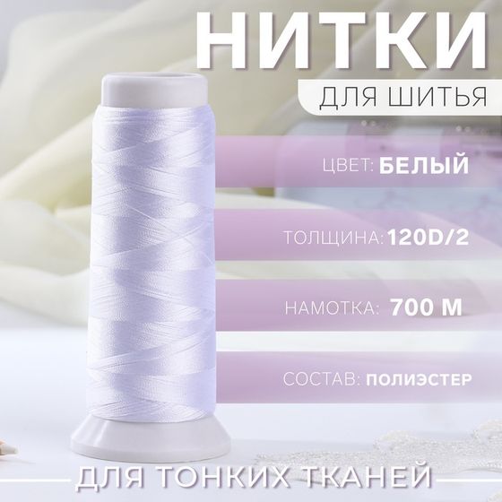 Нить атласная для вышивания, 120D/2, 700 м, цвет белый