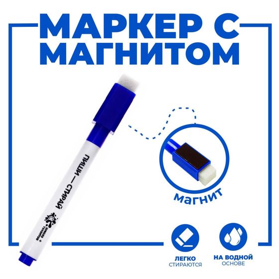 !Маркер 2 штуки на водной основе с магнитом и губкой, синий