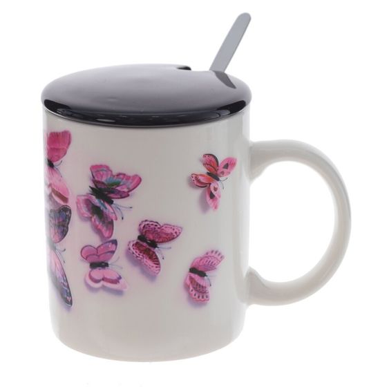 Кружка с крышкой и ложкой, 350 мл, L12 W8 H10 см, дизайн микс