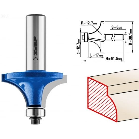 Фреза кромочная ЗУБР 28701-38.1, калевочная №1, R = 12.7 мм, 31.8 x 17 мм