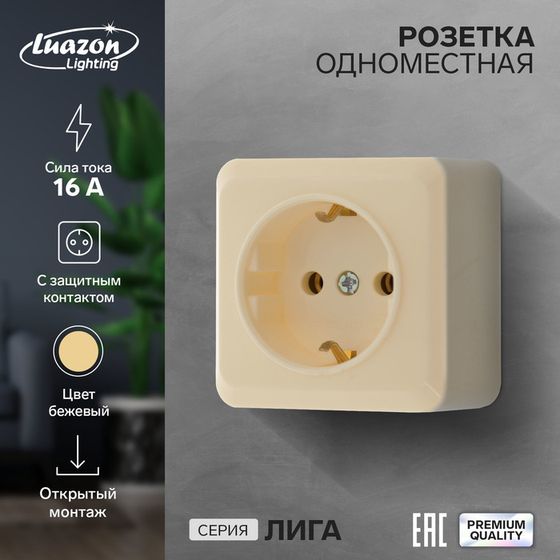 Розетка одноместная Luazon Lighting &quot;Лига&quot;, 16 А, накладная,  с з/к, бежевая