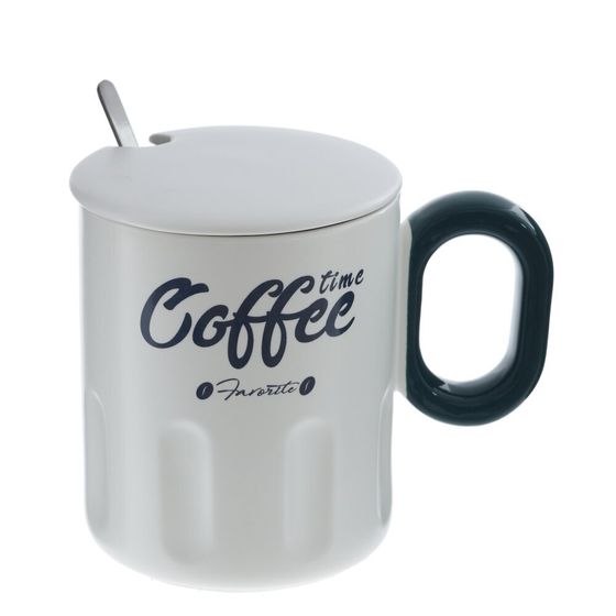 Кружка с крышкой и ложкой, L8,9 W8,9 H10,5 см, дизайн микс