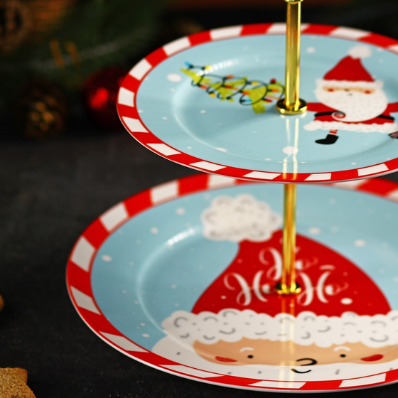 !09 Блюдо фарфоровое 2-х ярусное «Новый год. Дед Мороз», d=17,5/23 см