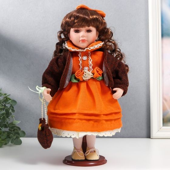 Кукла коллекционная керамика &quot;Василиса в ярко-оранжевом платье, с рюшами, с сумочкой&quot; 30 см   758616
