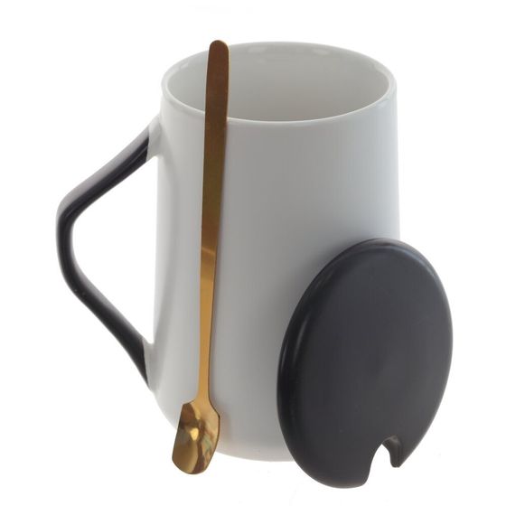 Кружка с крышкой и ложкой, 450 мл, L11 W8,5 H12,5 см, дизайн микс