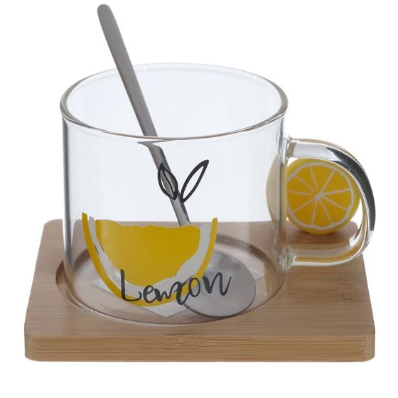 Кружка с ложкой на деревянной подставке, 300 мл, L12 W9,5 H8,5 см, 3в.