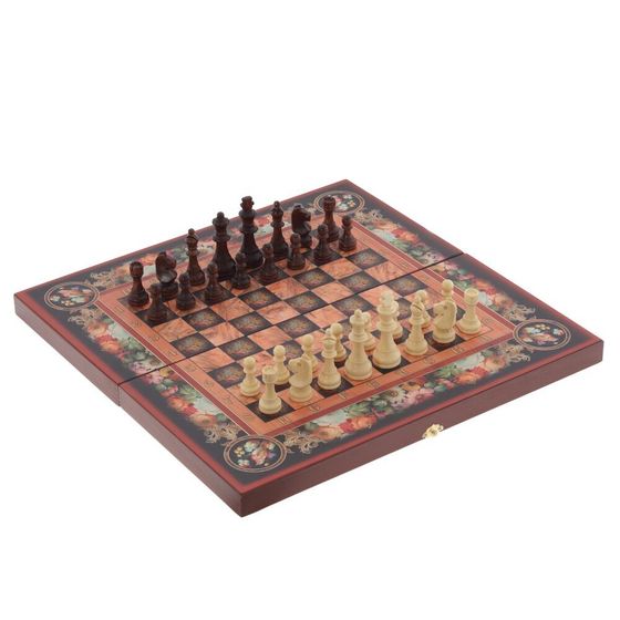 Игра настольная 3 в 1 (шахматы, шашки, нарды) "Цветы", L50 W25 H6 см