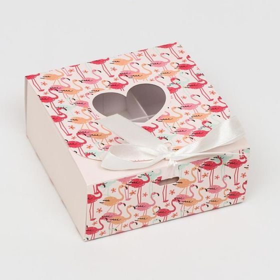 !Подарочная коробка 2 штуки сборная с окном "Фламинго на белом" 11,5 х 11,5 х 5 см
