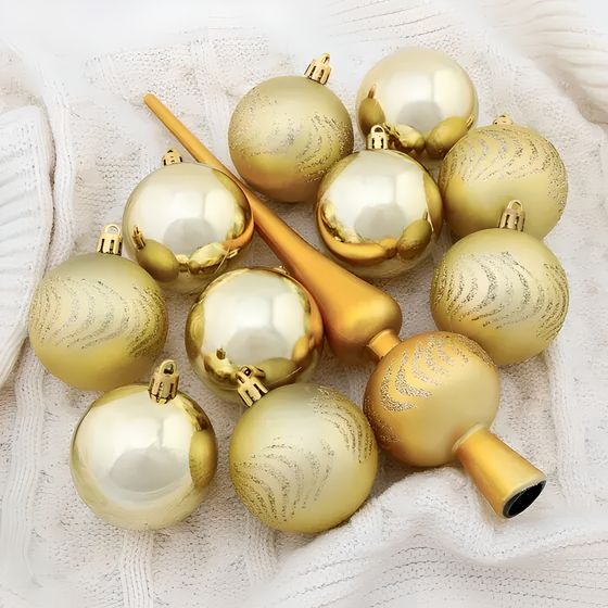 !09 Набор шаров пластик с верхушкой 21 шт &quot;Изгибы&quot; (20 шаров, верхушка) золотой