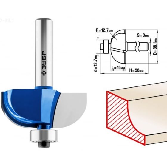 Фреза кромочная ЗУБР 28702-38.1, калевочная №2, R = 12.7 мм, 38.1 x 16 мм