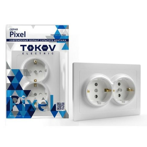 Розетка TOKOV ELECTRIC, Pixel, 2-м, 16А, IP20, с з/к, с защ. шторкой, белый, TKE-PX-R2FZSF-C01