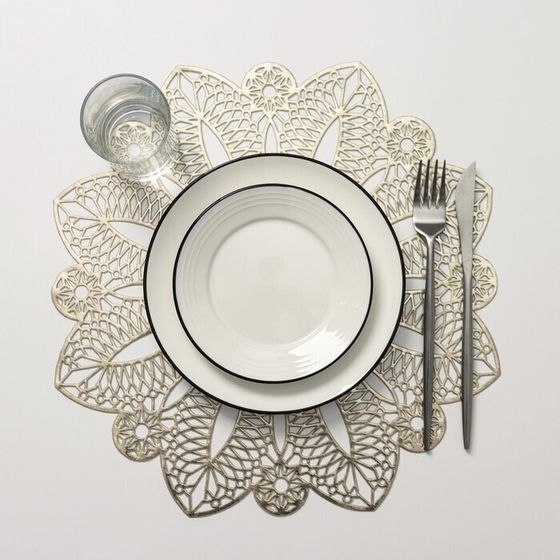 !09 Набор из 2-х предметов - Салфетка сервировочная на стол «Цветок», d=38 см, цвет золотой