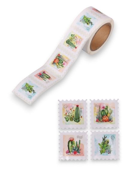 Наклейка бумага &quot;Марки. Кактусы&quot; 3х3 см 200 шт в рулоне
