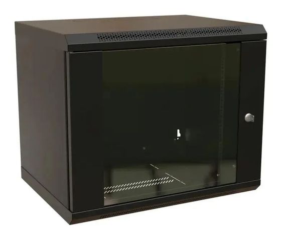 Шкаф коммутационный WRline (WR-TW-1545-GP-RAL9004) настенный 15U 600x450мм пер.дв.стекл 2 бок.пан. направл.под винты 60кг черный 370мм 775мм IP20 ста