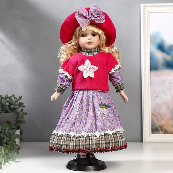 Кукла коллекционная керамика &quot;Блондинка с кудрями, розовая свитер, юбка сирень&quot; 40 см