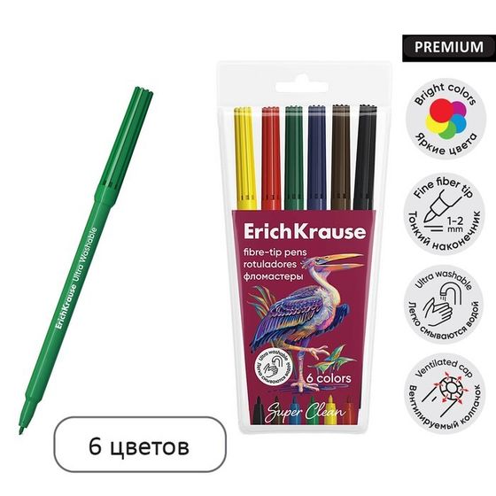 Фломастеры 6 цветов, ErichKrause, &quot;Safari Ultra Washable&quot; микс