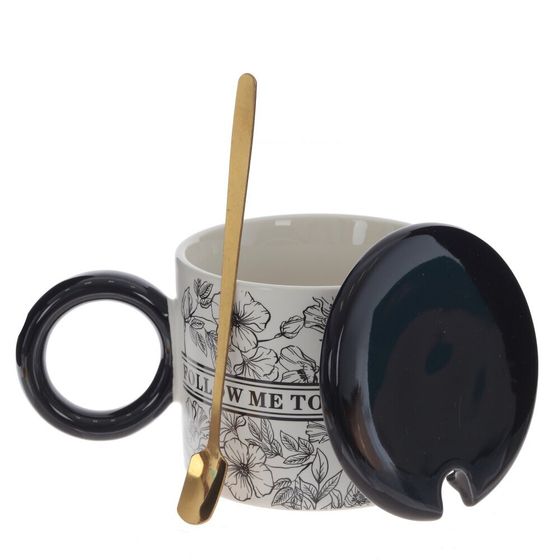 Кружка с крышкой и ложкой, 350 мл, L14 W9 H8 см,дизайн микс