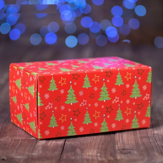 !09 Коробка на 2 капкейка /комплект 6 штук/ "Ёлки красные", 16 х 10 х 8 см.