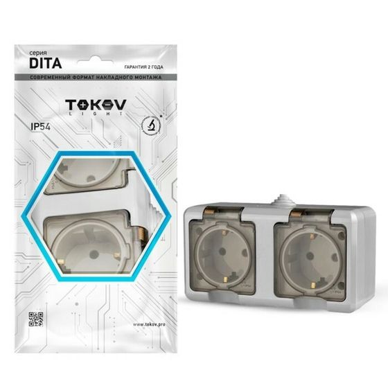 Розетка TOKOV ELECTRIC, Dita, 2-м, 16А, IP54, 250В, с з/к, с прозр. кр, серый, TKL-DT-R2Z-C06T-IP54