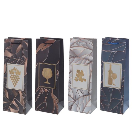 Пакет подарочный  для бутылок (бумага 210г/м2, блок микс 12шт), L12 W9 H35 см, 4в.