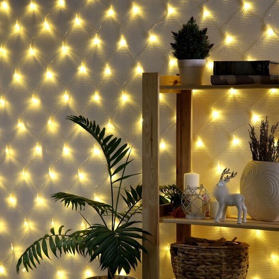 !09 Гирлянда «Сеть» 1.6 × 1.6 м, IP20, прозрачная нить, 144 LED, свечение тёплое белое, 8 режимов, 220 В