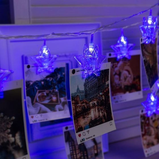 !09 Гирлянда «Нить» 4.5 м с насадками «Прищепки-звёзды», IP20, прозрачная нить, 20 LED, свечение синее, 220 В