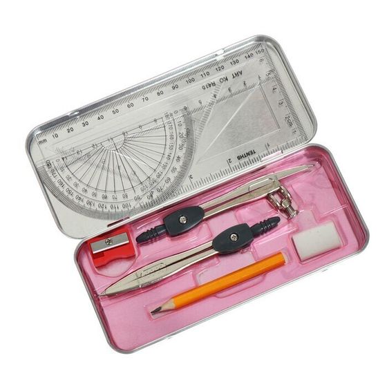 !!Готовальня Mazari  - 2 набора - 9 предметов: 2 циркуля, угольник (60 х 30 х 90), угольник (45 х 45 х 90), линейка (15 см), транспортир, карандаш, ластик, точилка