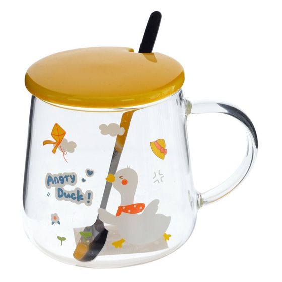 Кружка с крышкой и ложкой, 500 мл, L12 W9 H10 см, дизайн микс