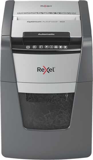 Шредер Rexel Optimum AutoFeed 90X черный с автоподачей (секр.P-4) фрагменты 90лист. 34лтр. скрепки скобы пл.карты