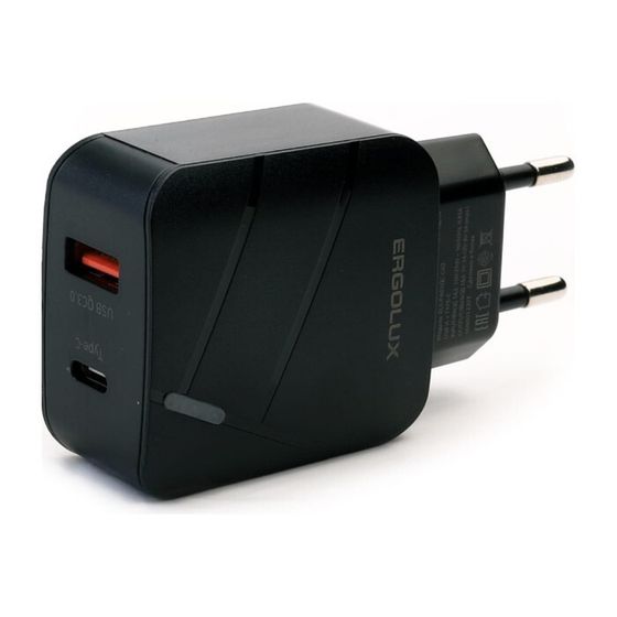 Сетевое зарядное устройство ERGOLUX ELX-PA01QC-C01, USB/USB-C, 3А, быстрая зарядка, черное