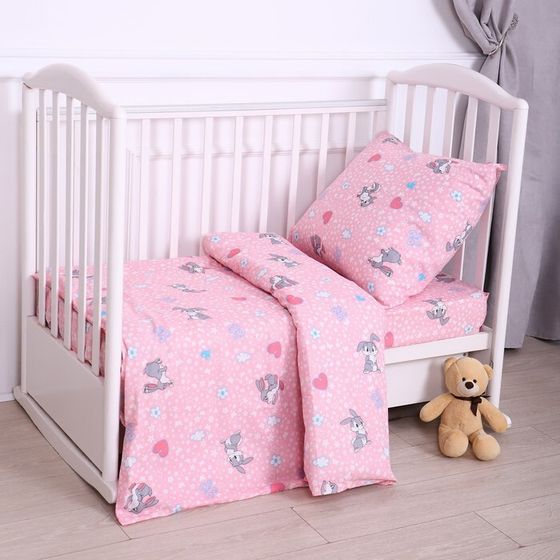 Постельное бельё BABY Зайки серые бело-розовый 112х147см, 110х150см, 60х60см, бязь 120г/м, , хлопок 100%