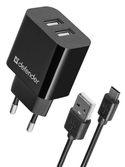 Сетевое З/У Defender UPC-21 2xUSB + кабель microUSB черный (83581)