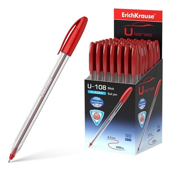 Ручка шариковая ErichKrause U-108 Classic Stick 1.0, Ultra Glide Technology, чернила красные