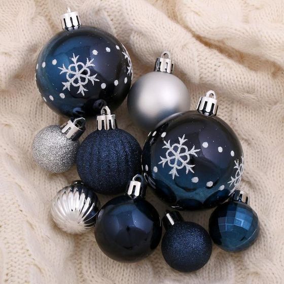 !09 Набор елочных шаров (набор 34 штуки) &quot;Ночные снежинки&quot; пластик d-3 см. d-4 см. d-6 см. цвет серебристо-синий