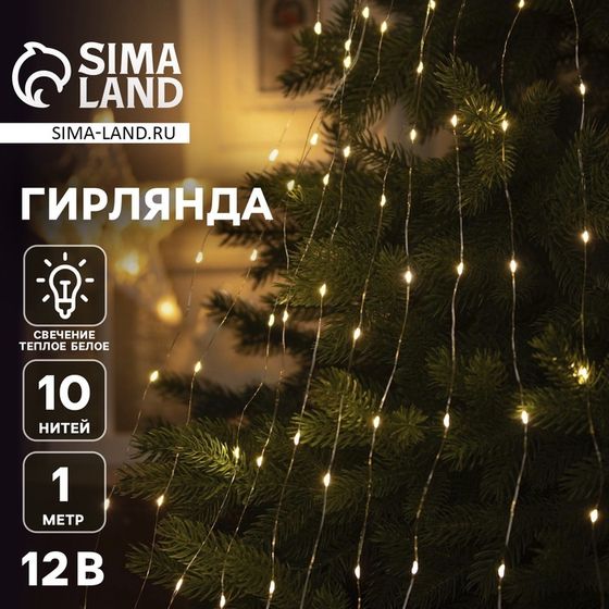 Гирлянда «Конский хвост» 10 нитей по 1 м, IP20, серебристая нить, 100 LED, свечение тёплое белое, 12 В