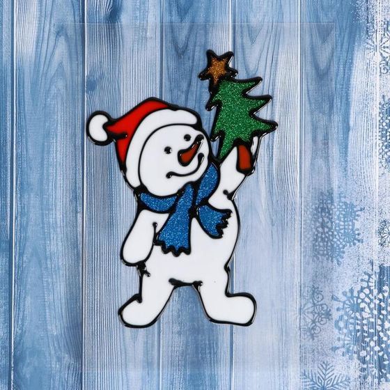 Наклейка на стекло &quot;Снеговик в синем шарфе с ёлкой&quot; 10х15 см