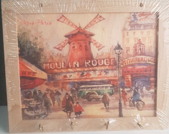 !09 КЛЮЧНИЦА НАСТЕННАЯ "MOULIN ROUGE" C 4 ЖЕЛЕЗНЫМИ КРЮЧКАМИ 20X25 СМ. БУК