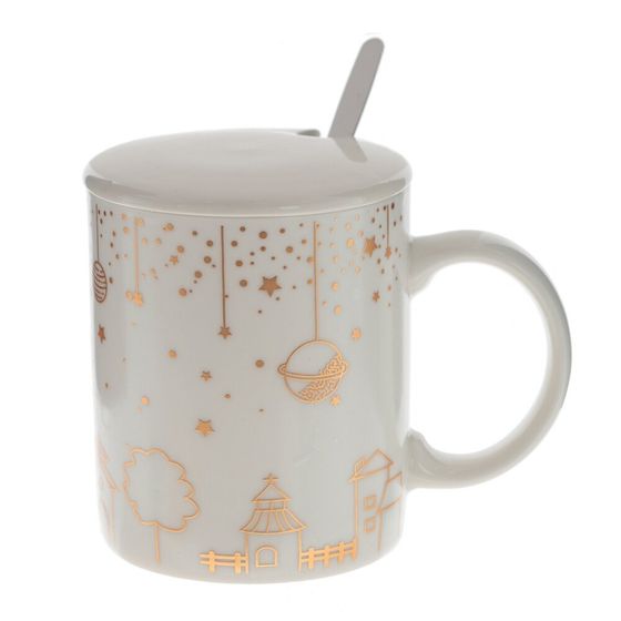 Кружка с крышкой и ложкой, 300 мл, L12 W8 H10 см, дизайн микс