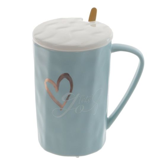 Кружка с крышкой и ложкой, 400 мл, L11 W8 H12,5 см, цвет микс