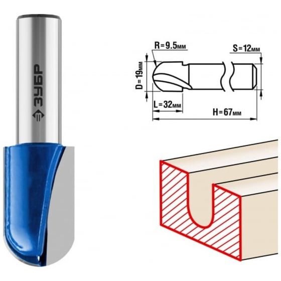 Фреза пазовая ЗУБР 28751-19-32, галтельная, R = 9.5 мм, 19 x 32 мм