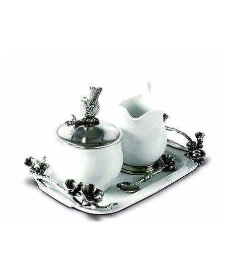 Stoneware Creamer Set - Pewter Song Bird Long Tray with Creamer, Sugar Bowl and Spoon