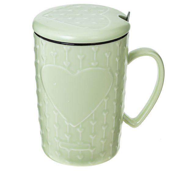 Кружка с крышкой и ложкой, 400 мл, L11,5 W8,5 H13 см, дизайн микс