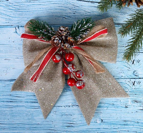 !09 Украшение ёлочное "Бант - шишки, ягодки" 21х18 см, цвет бежевый