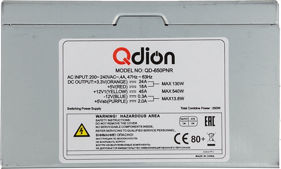 Блок питания 650W ATX Qdion Q-DION QD650-PNR 80+ 80+ (24+4+4pin) APFC 120mm fan 5xSATA
