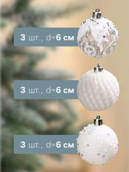!09 Набор елочных игрушек - Ёлочные игрушки «Снежная изморозь», шары пластиковые, d=6 см, набор 9 шт., белый