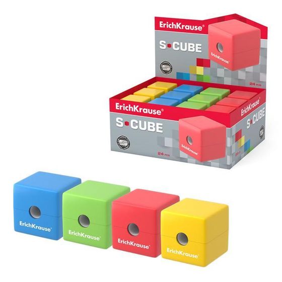 Точилка 1 отверстие с контейнером ErichKrause &quot;S-Cube&quot; с контейнером, МИКС 4 вида